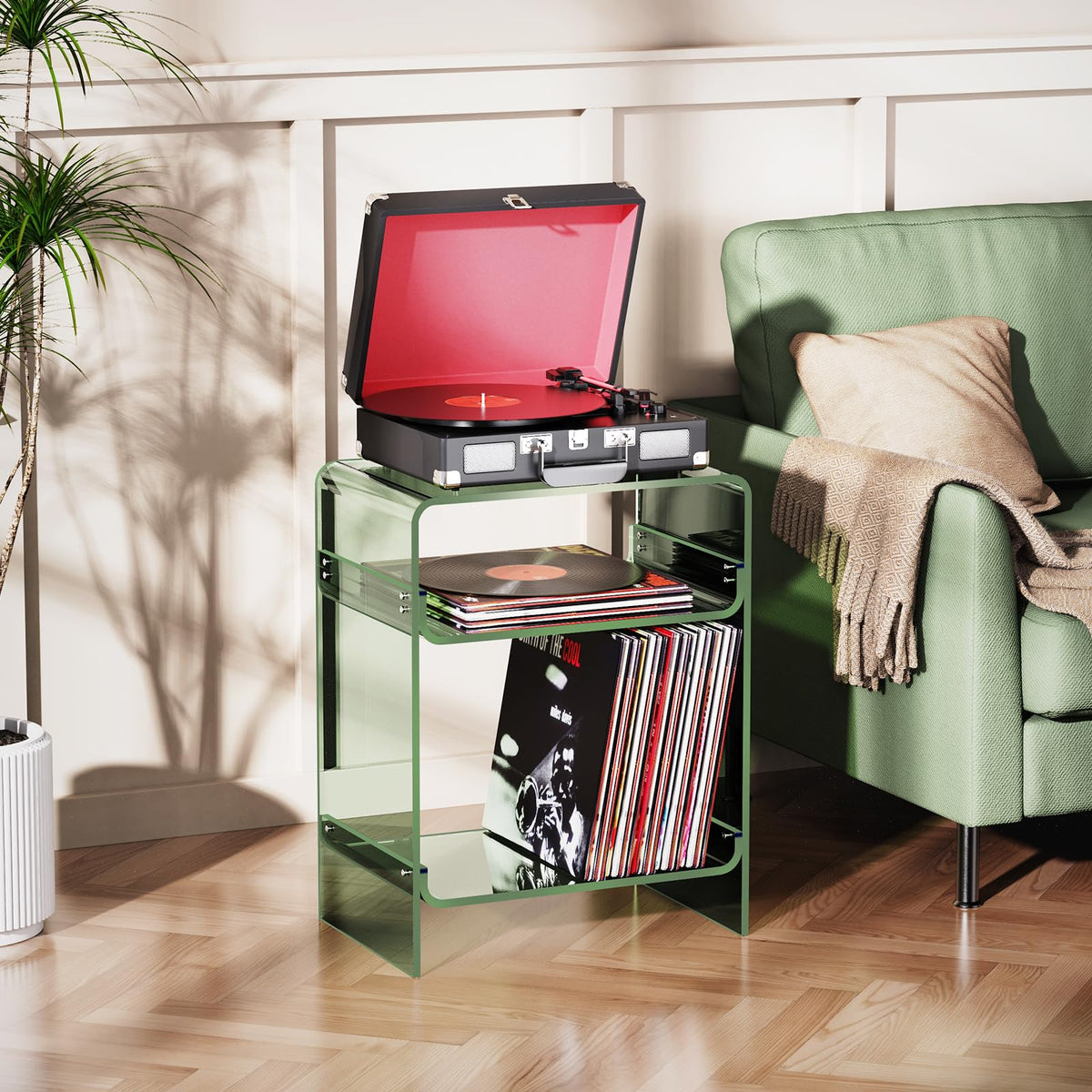 Acrylic Record Player Table with Storage Shelf, Clear Side Table, Nightstand Green, 45×30×58 cm, Acrylic