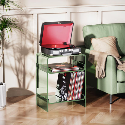 Acrylic Record Player Table with Storage Shelf, Clear Side Table, Nightstand Green, 45×30×58 cm, Acrylic