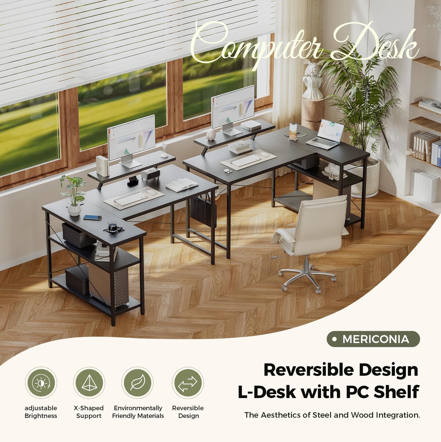 Mericonia Reversible Corner Desk, w. Led & Power Outlets, 100x70cm, Black