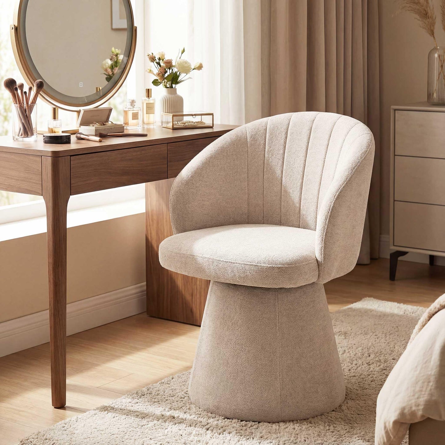 younturn Swivel Chenille Vanity Chair, Modern Upholstered Dressing Table Chair with Armrests, Accent chair with Armrests for Bedroom, Living Room