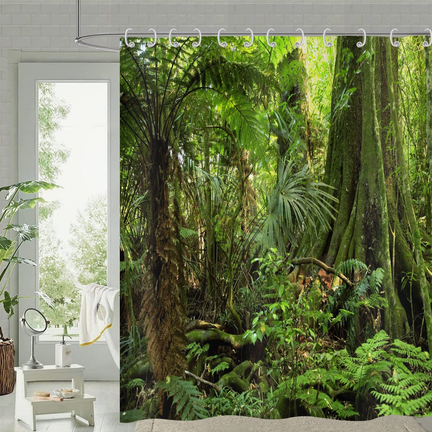 Forest Shower Curtain 180x220, Hnmdmyi Tropical Jungle Rainforest Green Tree Plant Nature Landscape Scenery Bathroom Curtains with Hooks Waterproof