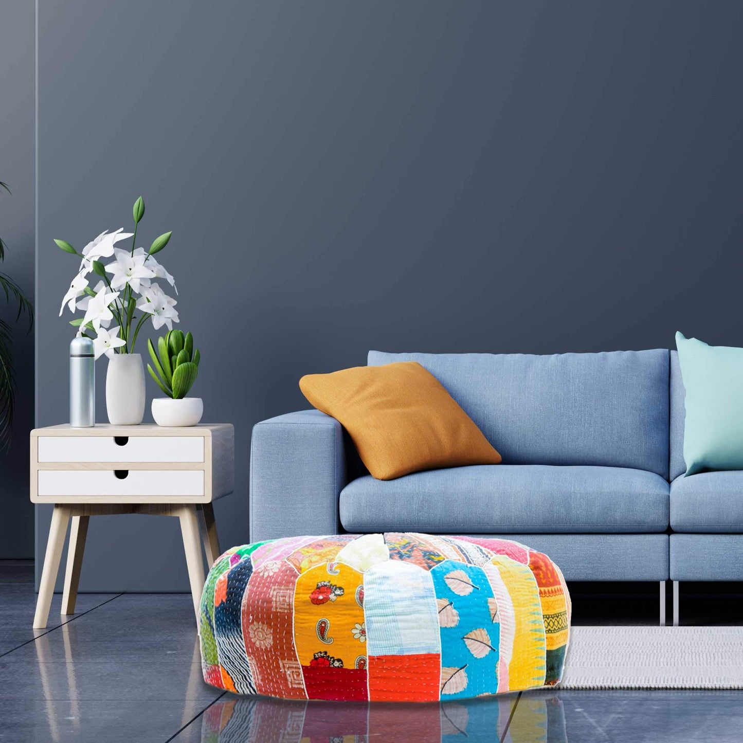 Mandala Life ART Green Round Velvet Pouf Cover - Soft Embroidered Ottoman Slipcover with Moroccan Design, 24 Inch Diameter, Ideal for Living Room