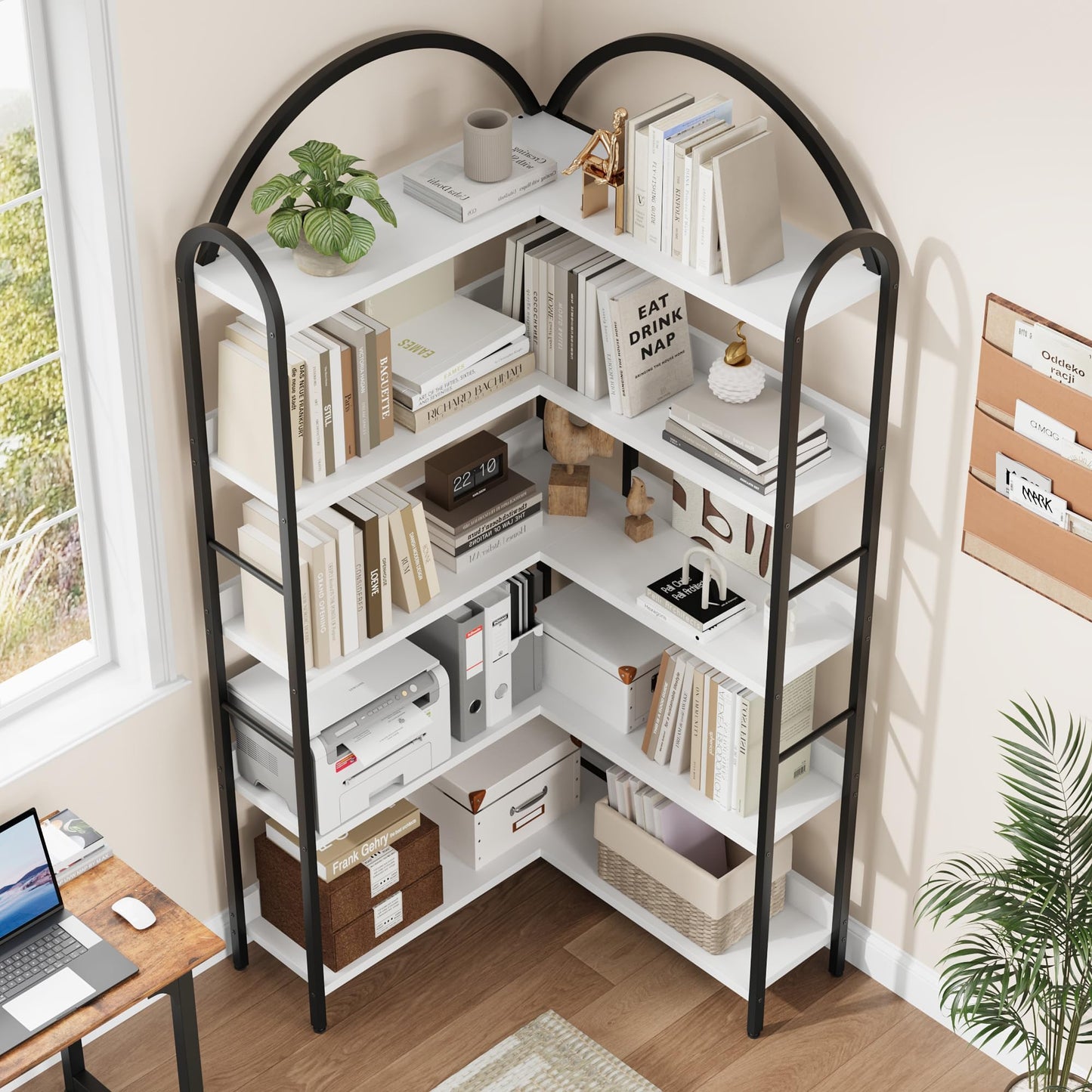Crevyteg 68.5" Arched Industrial Corner Bookcase - 5-Tier Large Bookshelf with Wood Shelves and Metal Frame - Modern Storage Display for Home Office
