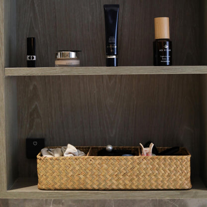 Seagrass Storage Basket with 3 Sections Woven Shelf Baskets for Organizing Natural, 37cm x 12cm x 8cm