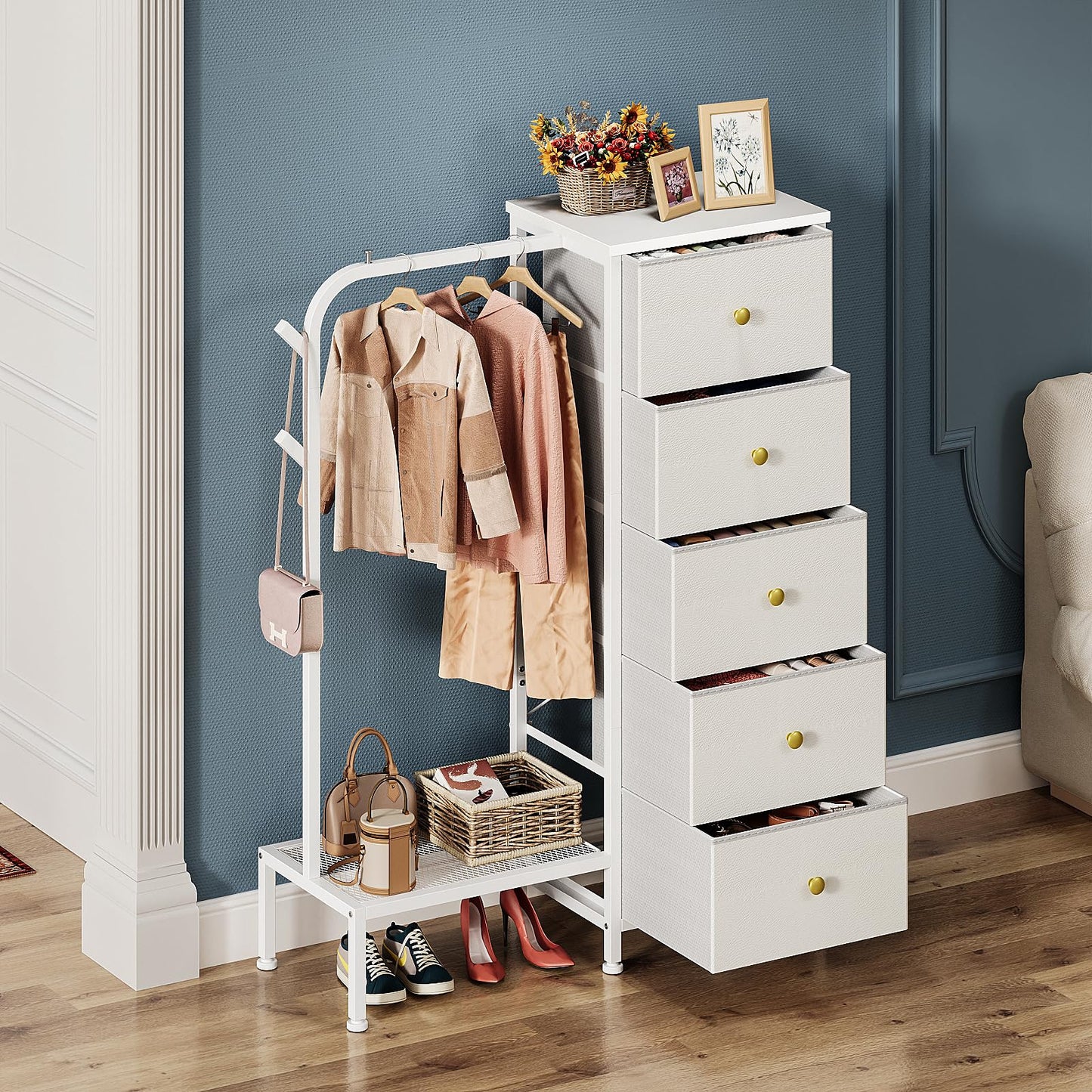 Trironsun Small 5 Fabric Drawer Dresser with Clothes Rack Chest of Drawers with Hanging Rail Reversible Wardrobe with Clothes Rack