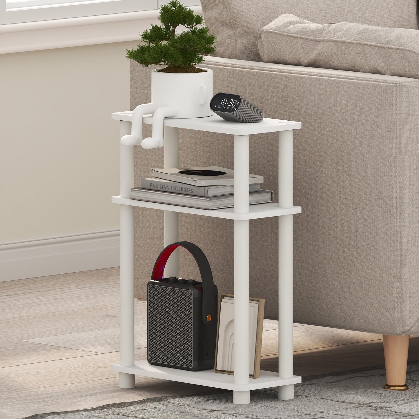 Furinno TURN-N-TUBE Narrow Side Table, 3-Tier Rectangular Modern End Table with Storage Shelf, Slim Toolless Assembly Nightstand, Night Stand