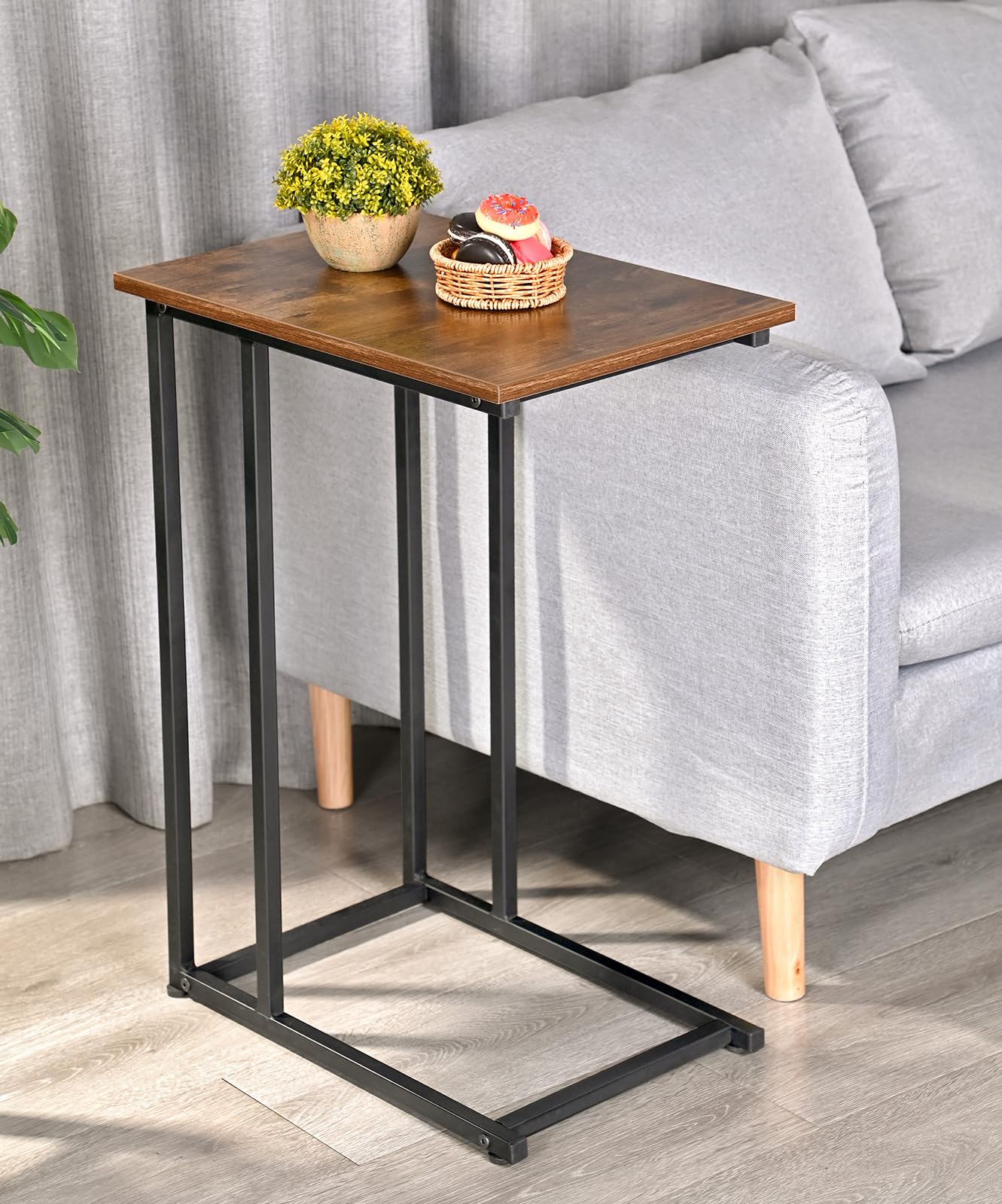 H JINHUI C-Shaped End Table, Sofa Side Table, Mobile Snack Table for Coffee Laptop Tablet, Industrial Style with Metal Frame