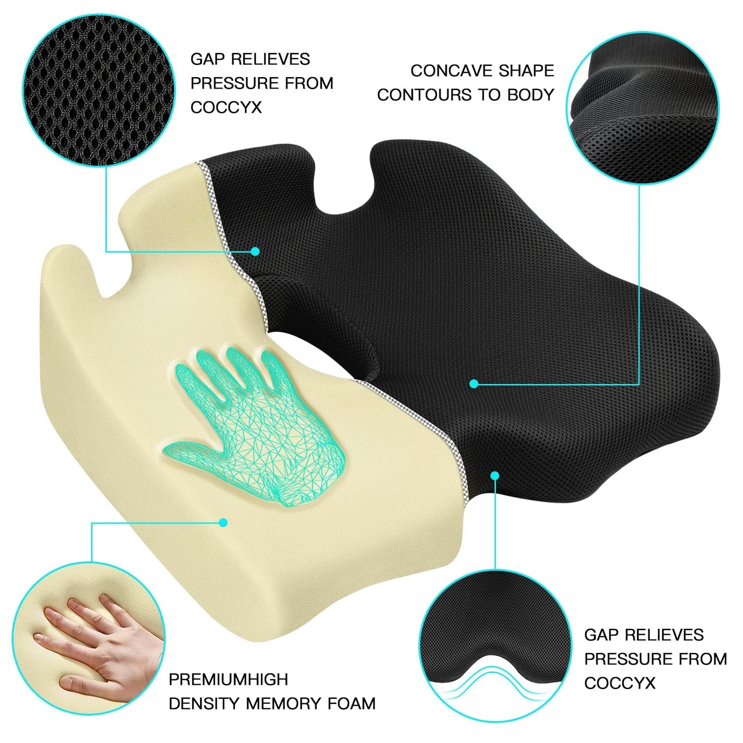 Benazcap Memory Seat Cushion for Office Chair Sciatica & Back Pain Relief Memory Foam Firm Coccyx Pad for Car, Wheelchair, Gaming chair and Desk