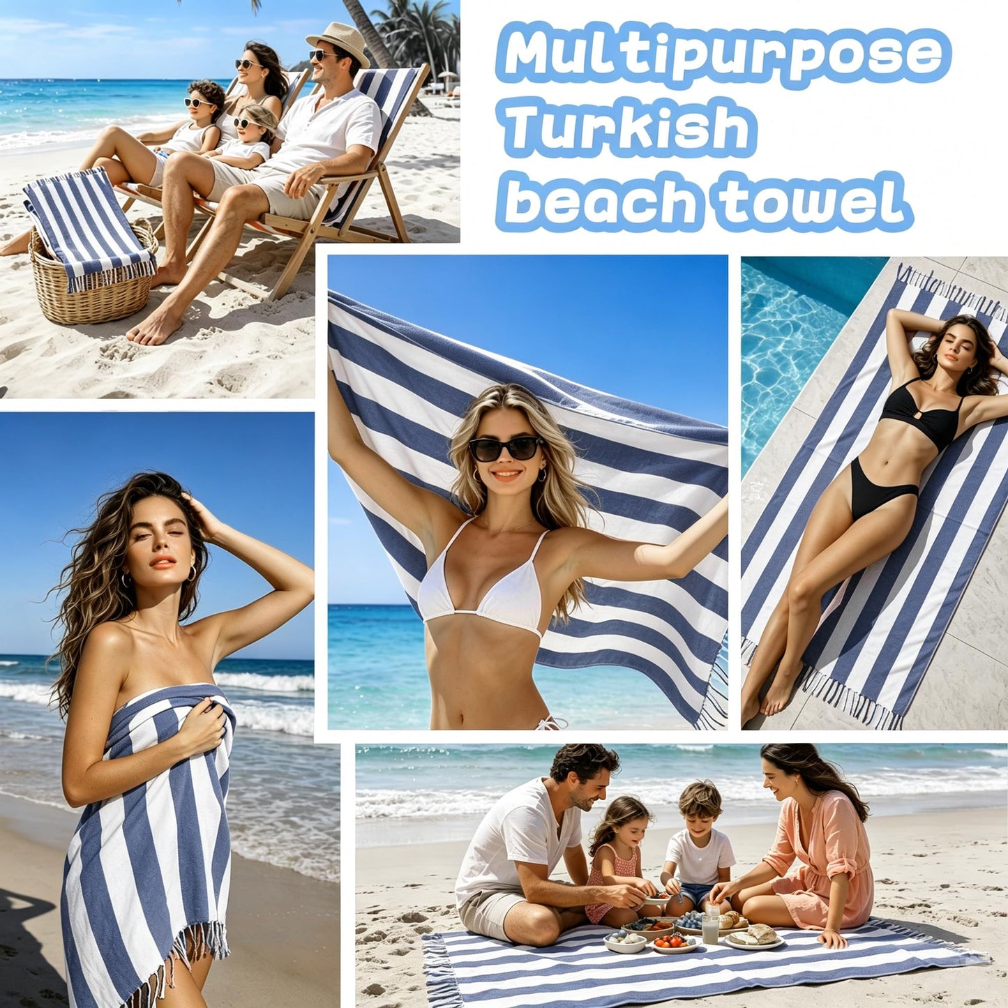 2 Pcs Turkish Beach Towel Cotton Lightweight Sand Free Blanket Quick Dry Serviette de Plage Towels for Swimming Camping Accessories Women Summer