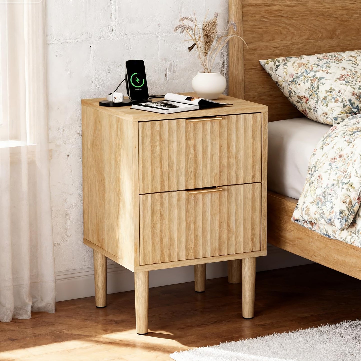 Karl home Bedside Table Set of 2, Wood Grille Nightstand Side End Table,Oak