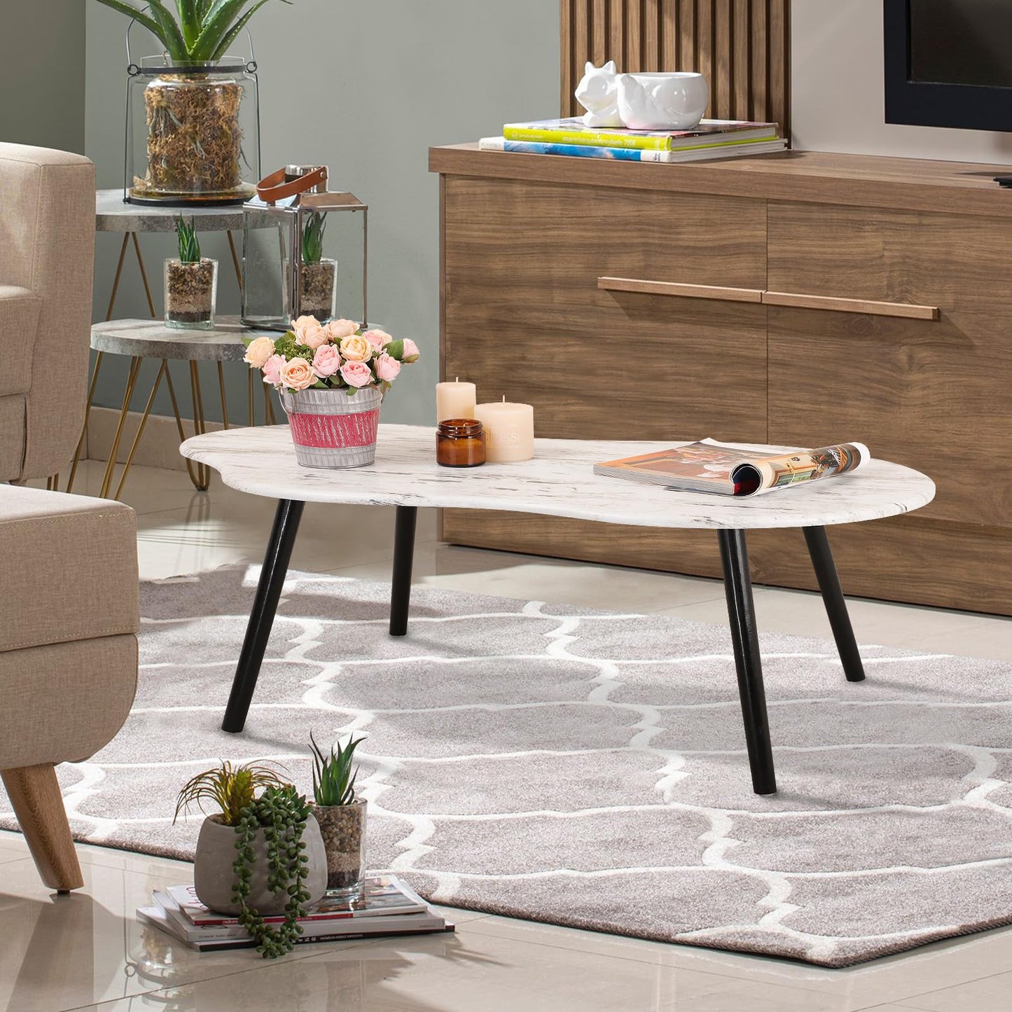 FEUFOAM Farmhouse Coffee Tables Cloud Shape Mid-Century Sofa Table Unique White Wood Grain Tabletop Floor Table Rustic Decorative Sofa Center Table
