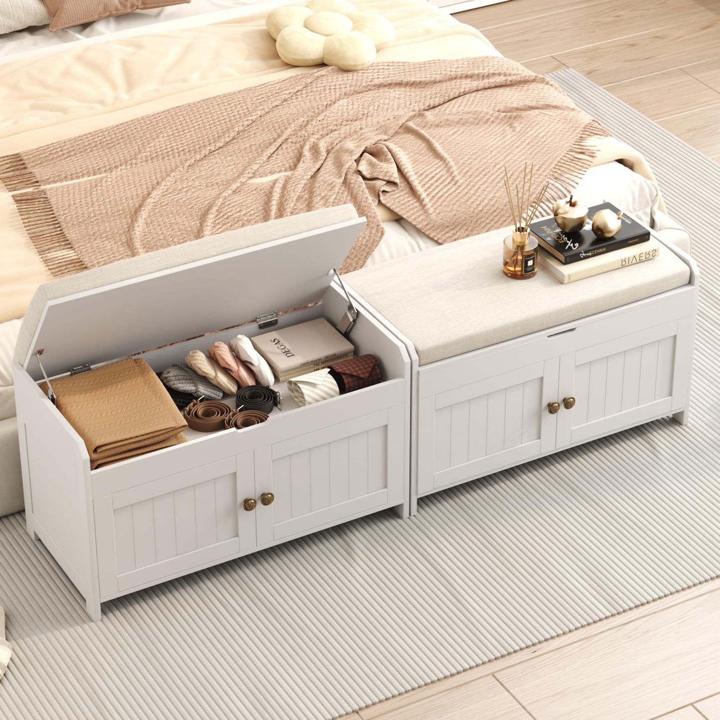 HOME BI Shoe Bench, Storage Bench with Padded Seat Cushion, Bench with 2-Door Storage Cabinets,Shoe Cabinet for for Entry, Bedroom, Cloakroom