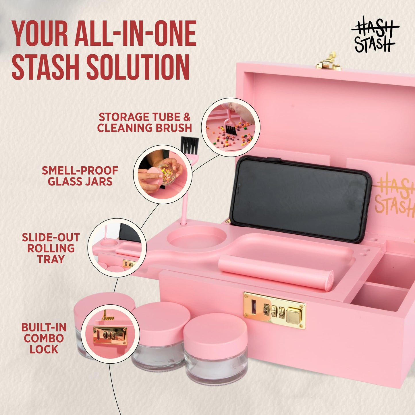The OG Storage Box - Large Bamboo Box with Combination Lock, Magnetic Lid, Organizer Tray, Tube, Brush and 3 Smell-Proof Jars