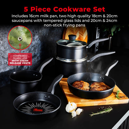 Tower T800304 SmartStart Forged 5 Piece Cookware Set with Easy Clean Aeroglide Non-Stick Coating, 8X Stronger, Oven Safe, Long Lasting, PFOA Free,