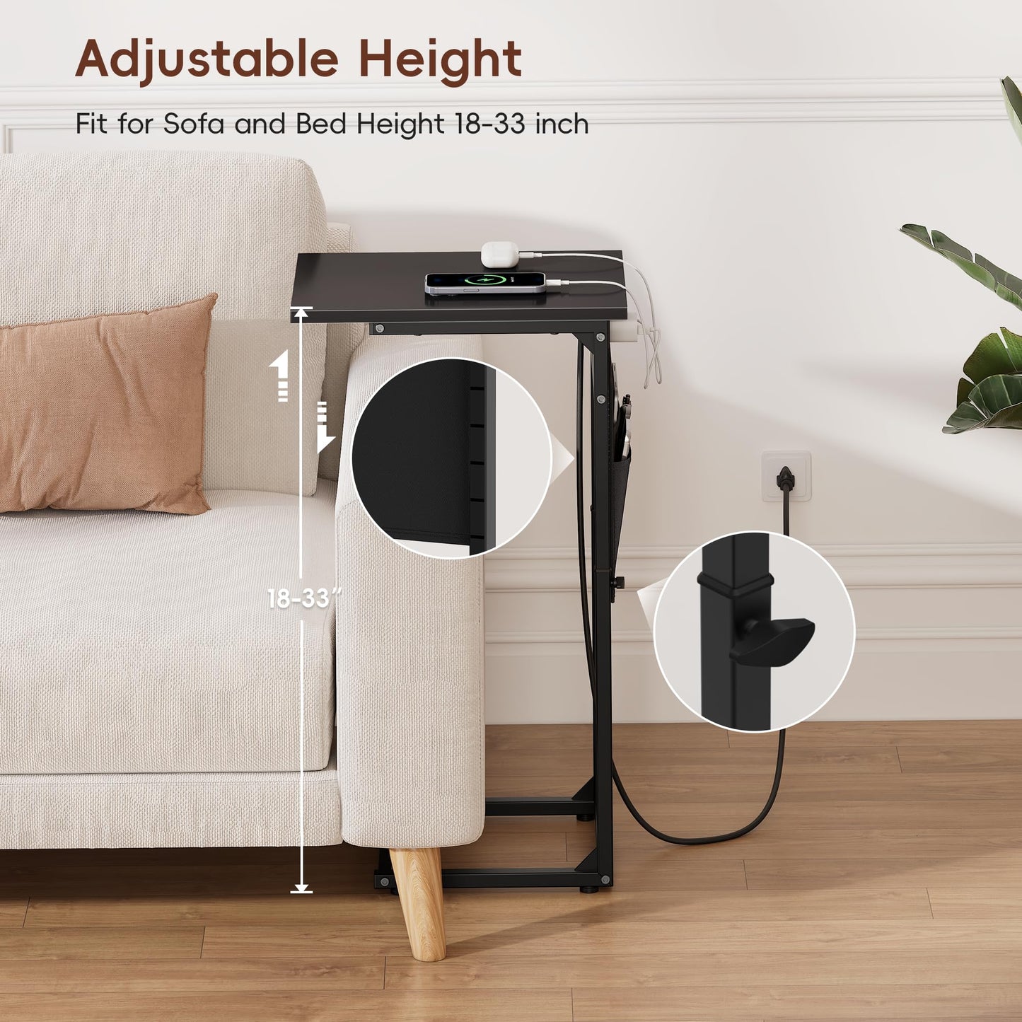 Vagusicc C-Shaped Side Table with Charging Station, Height Adjustable Sofa Side Table, Bedside Table, End Table for Small Spaces
