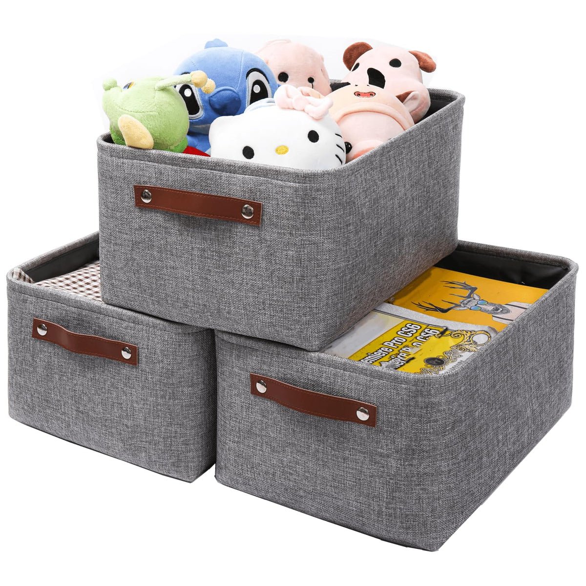 Mangata Set of 3 Fabric Storage Boxes, Thicken Canvas Storage Basket with Handles for Underwear, Clothes, Towel Large, Grey