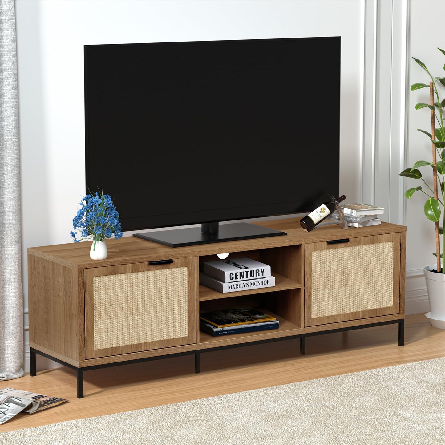 Yvsevnr TV Stand Cabinet TVs up to 65 Inches Wooden TV Console Unit with 2 Rattan Doors & Adjustable Shelves, Length 150 cm, Rustic