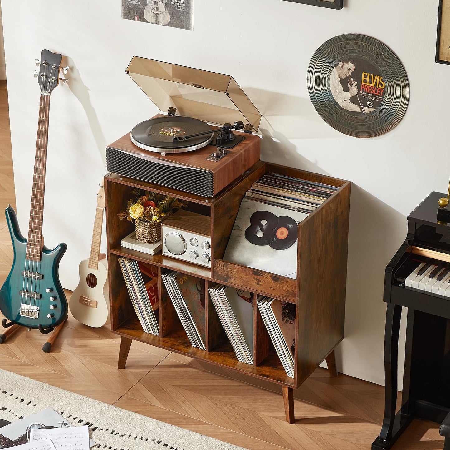 LELELINKY Large Record Stand With Storage and Shelf - Vinyl Holder With Presentation Surface for Up to 300 Albums - Music Room and Living Room