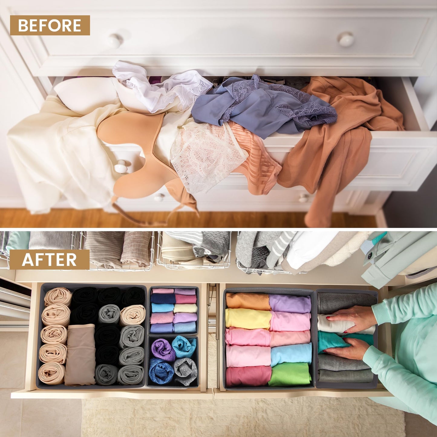 Vivantia 12 Pack Fabric Drawer Organisers for Clothes 3 Sizes Foldable Wardrobe Storage Organiser Bins Underwear Drawer Dividers Clothes Storage