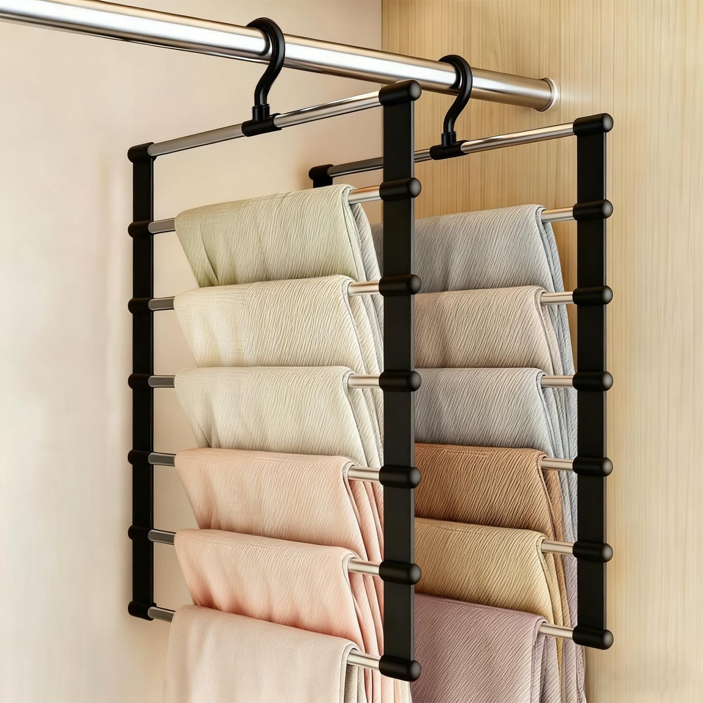 VirtuGro 2 Pack Trouser Hangers Space Saving Black Metal Coat Pants Hangers, 360° Rotatable 6-Tier Stainless Steel Multi Jeans Hanger Closet