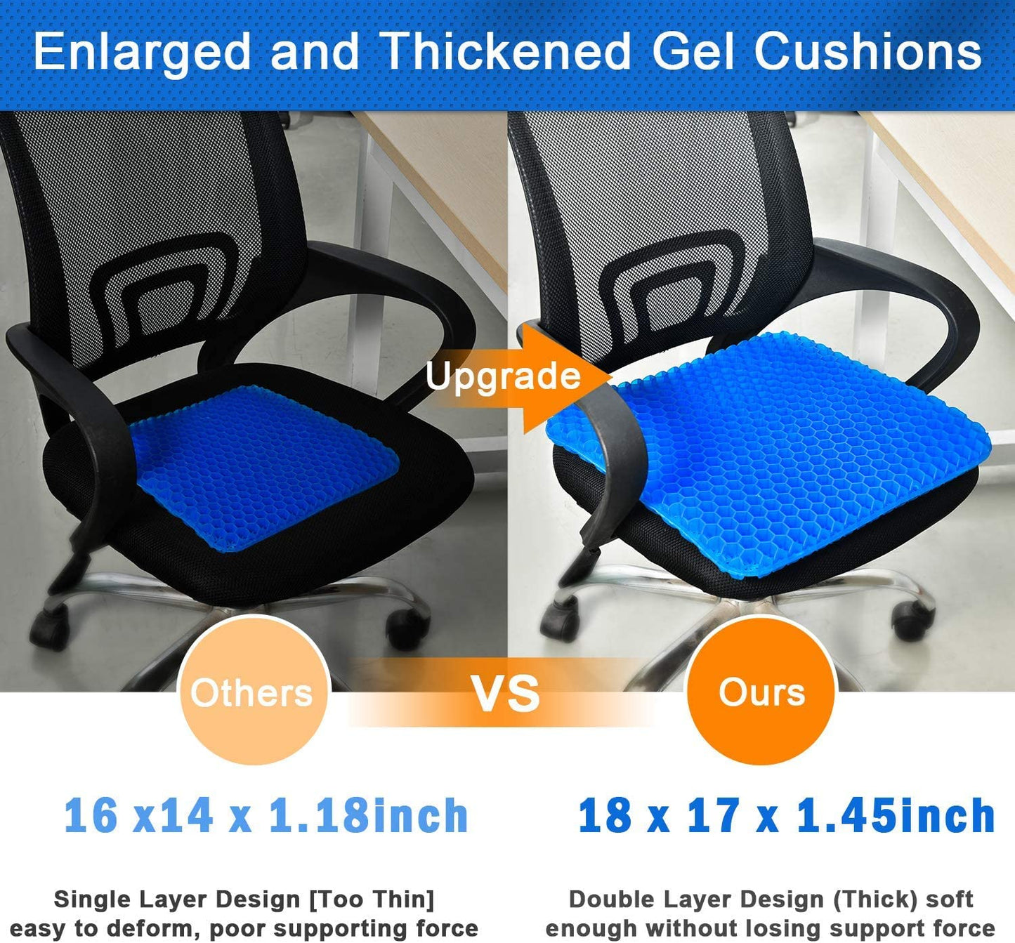 2022 NewLarge Gel Seat Cushion, Honeycomb Design Double Thick Gel Cushion with Relieving Back coccyx Pain Pressure
