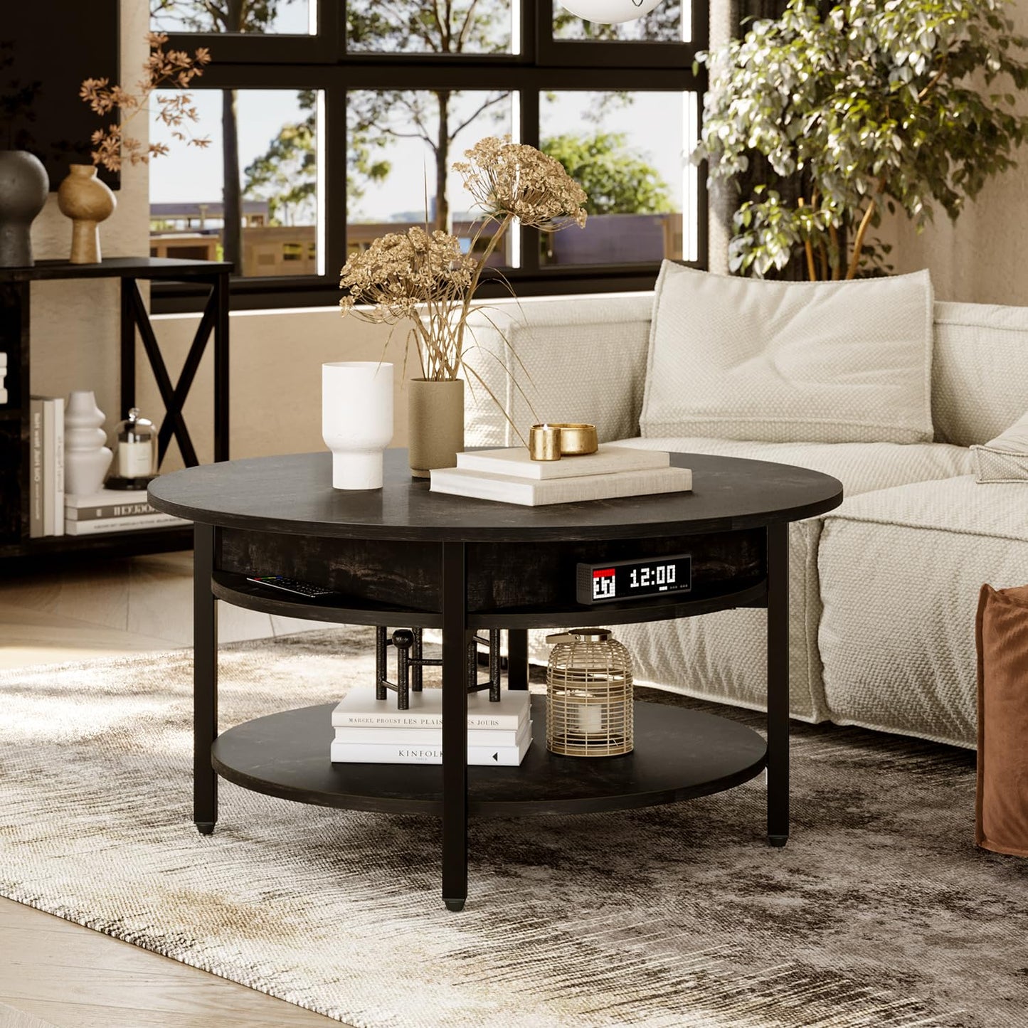 Mossora 68cm Black Oak Round Lift Top Coffee Table with Hidden Storage