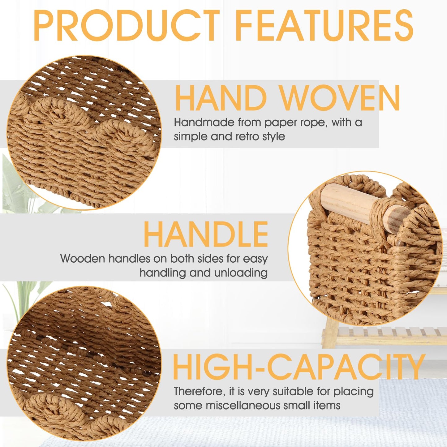 Storage Baskets Set of 2, Woven Wicker Hamper Basket with Handles, Scalloped Edge Rope Toilet Paper Tray, Organizer Bins for Bathroom, Shelf, Kitchen