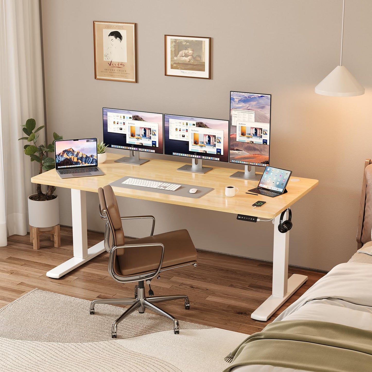 JUMMICO Height Adjustable Desk COMPLETE TABLE TOP Electric Desk Height Adjustable with Memory Function Standing Desk Computer Desk 110 x 53 cm Beige
