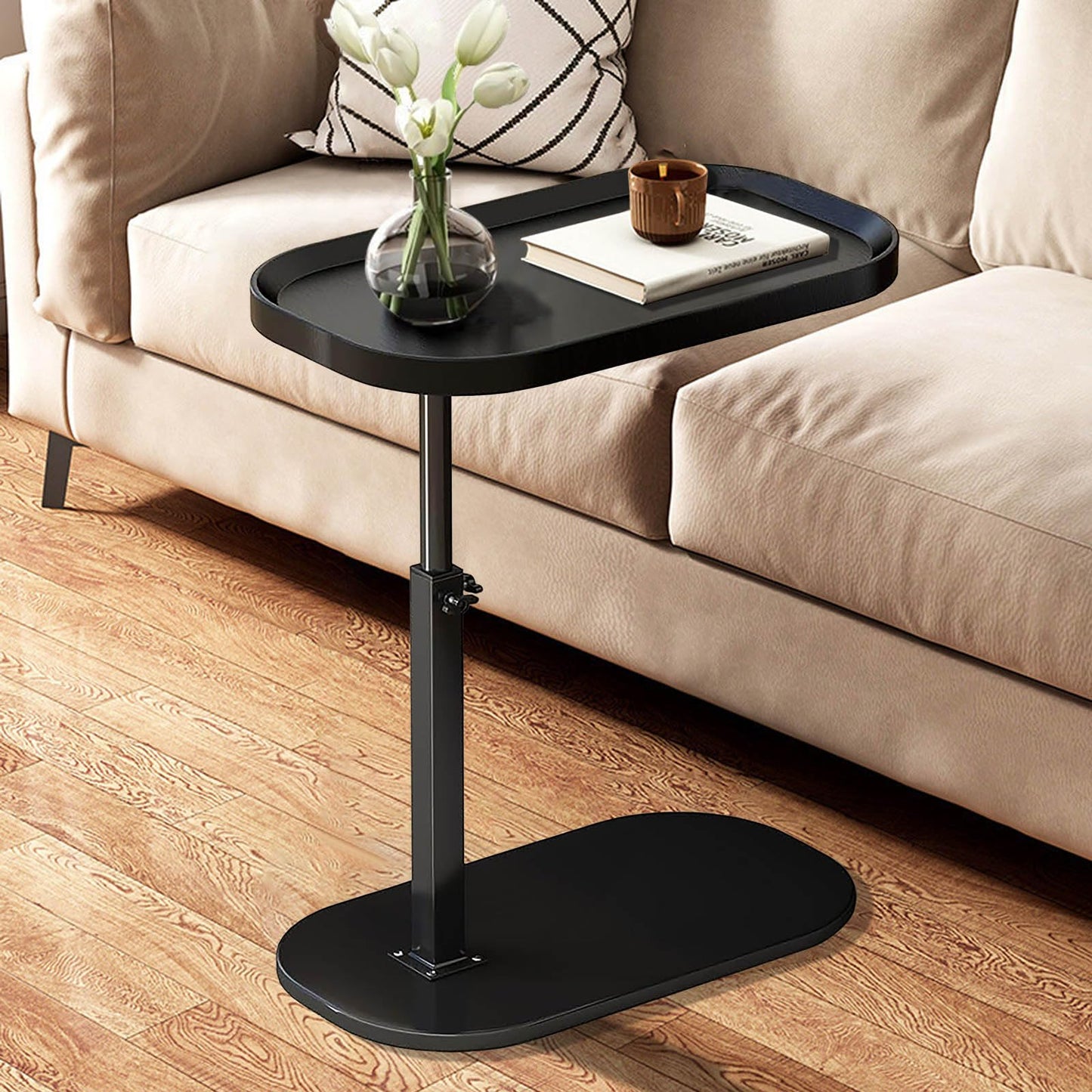 AYES Lifting Side Table 360° Swivel C Shaped End Table - TV Tray Table Narrow Concave Laptop Desk for Living Room Bedroom Bedside Nursing Sofa