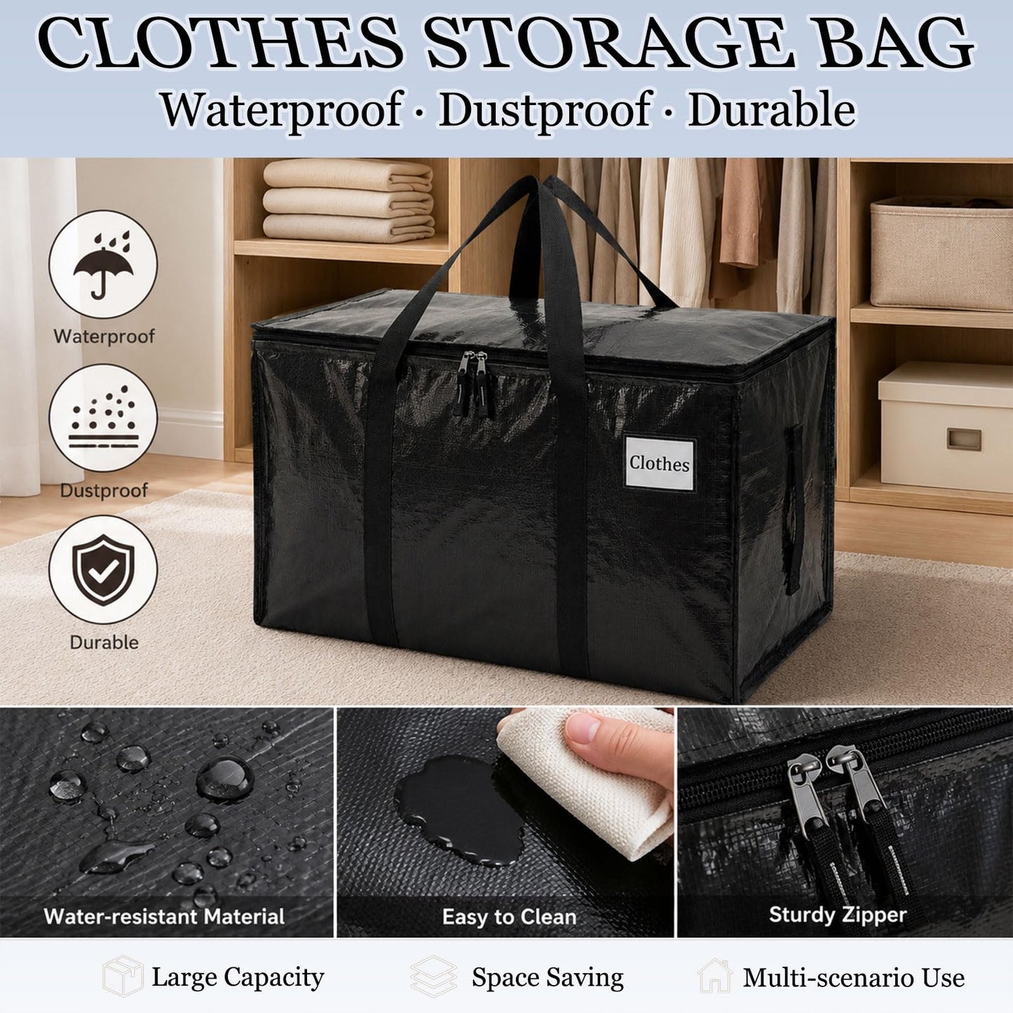 4-Pack 90L Heavy Duty Extra Large Storage Bags - Thicker Waterproof with Zips, Heavy-Duty Moving Bags for Clothing, Bedding, Travel, Camping