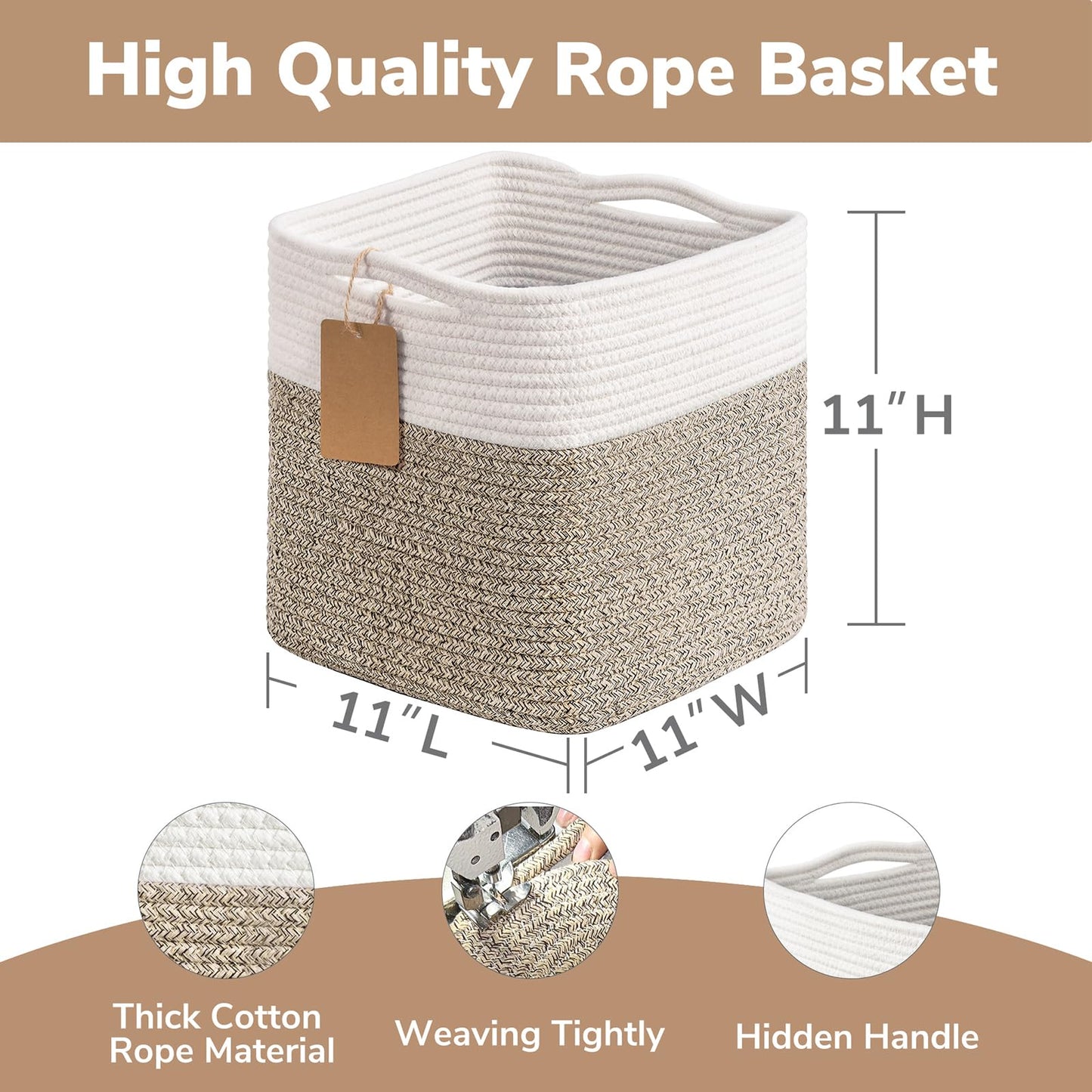 TIMEYARD 3 Pack Cube Storage Bins Rope Woven Basket for Shelves White Brown