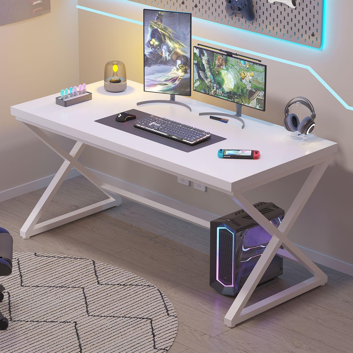 IBF White Computer Desk, Modern Home Office Desk for Writing Work Study, Simple Wooden Metal Pc Gaming Desk in Bedroom