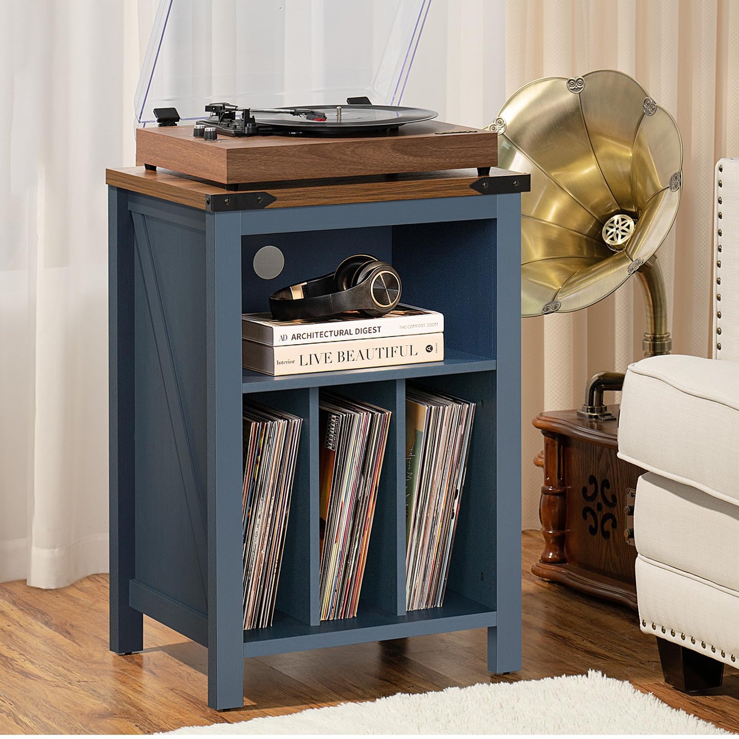 LELELINKY Record Player Stand with Vinyl Record Storage,Blue