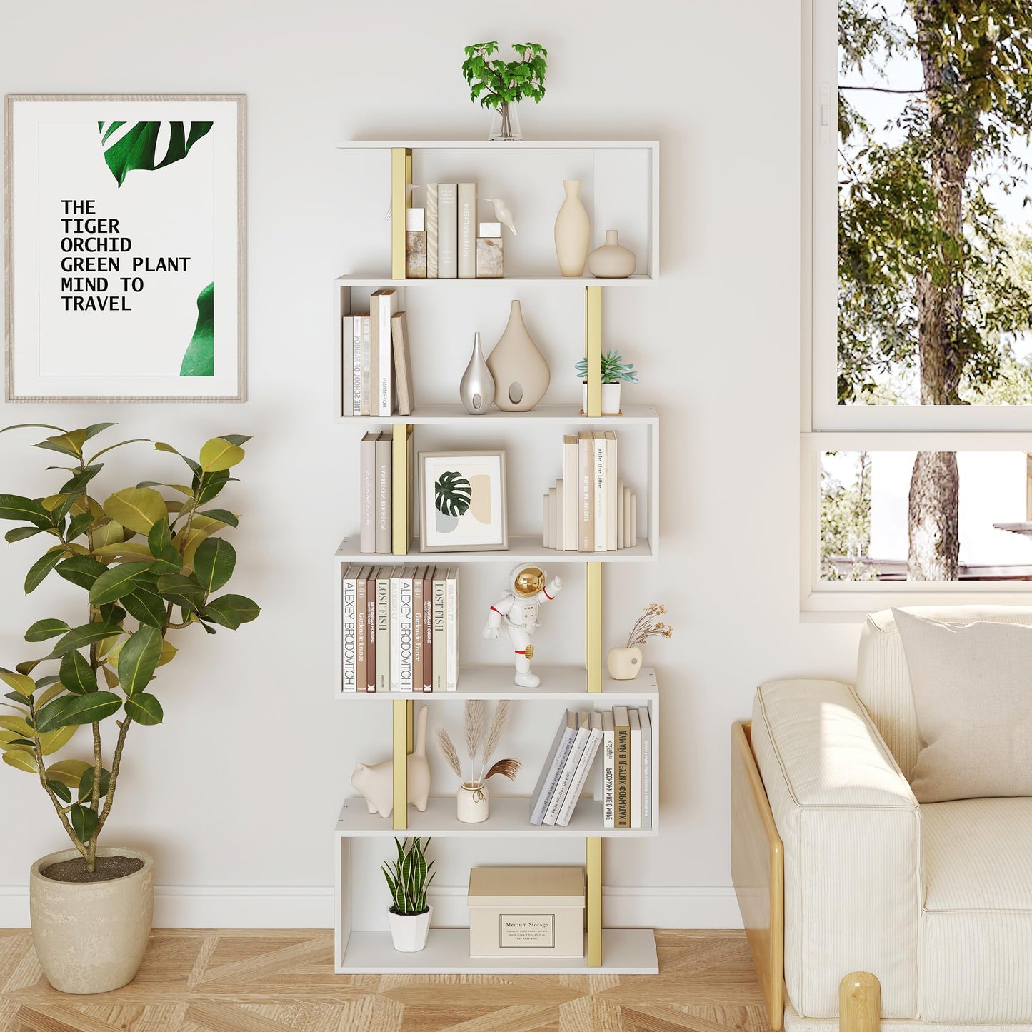 Yusong Bookshelf 6-Tier, Geometric Bookcase S Shaped Book Shelves for Bedroom, Modern Wood Decorative Display Shelf Tall Book Case for Home Office