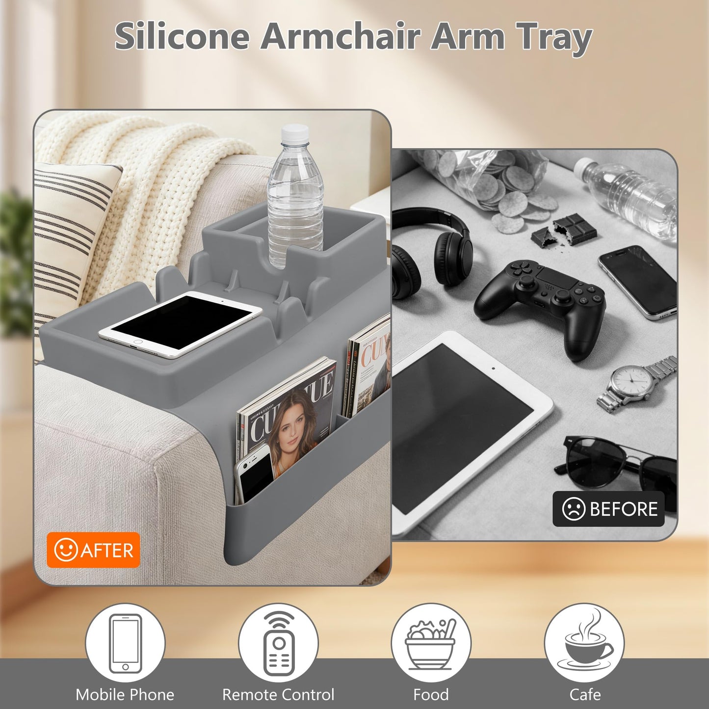 Silicone Sofa Arm Tray, Couch Cup Holder Tray, Sofa Armrest Organizer
