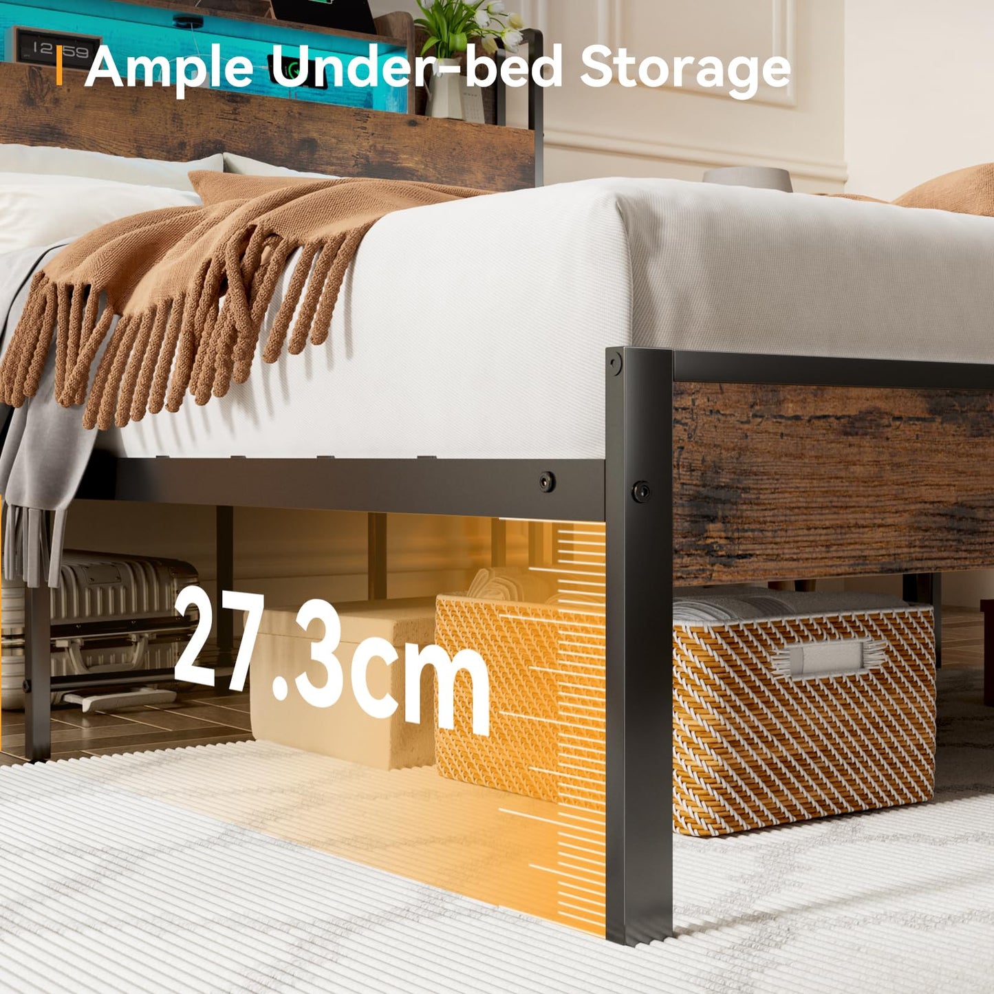 ODK 4ft6 Double Bed Frame with Storage Wooden Headboard