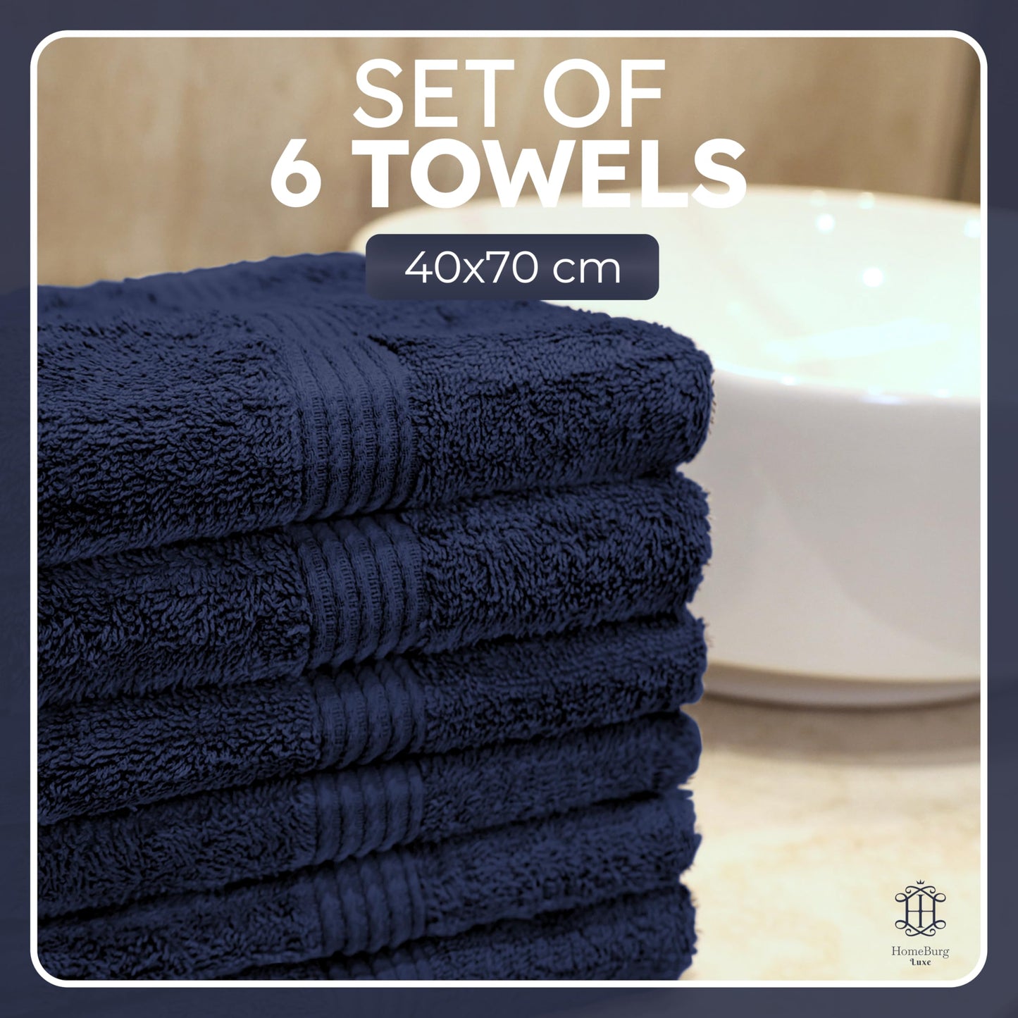 HomeBurg Luxe 6-Piece Towel Set – Soft & Absorbent Cotton, Quick-Drying, Easy Care, 40 x 70 cm, Navy Blue