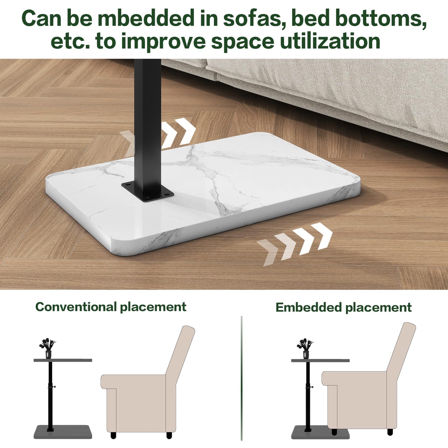 IBUYKE C Shaped Side Table,Height Adjustable,White with Black TVT003BW