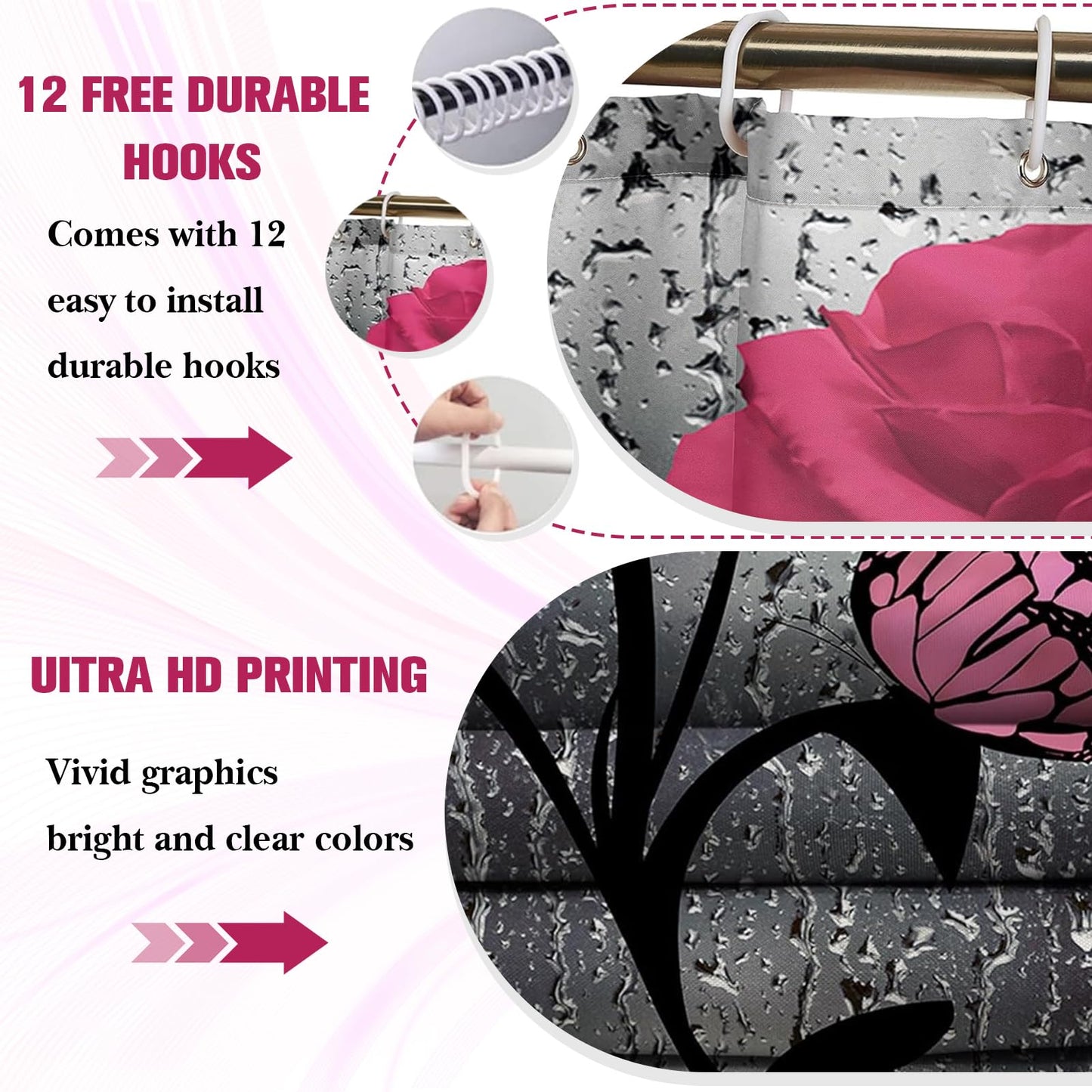 BXFUL 4 Piece Waterproof Shower Curtain Set for Bathroom-Rose-Non-Slip Bath Mat and 12 Hooks,Curtain Set with Rug,Toilet Lid Cover Bathroom