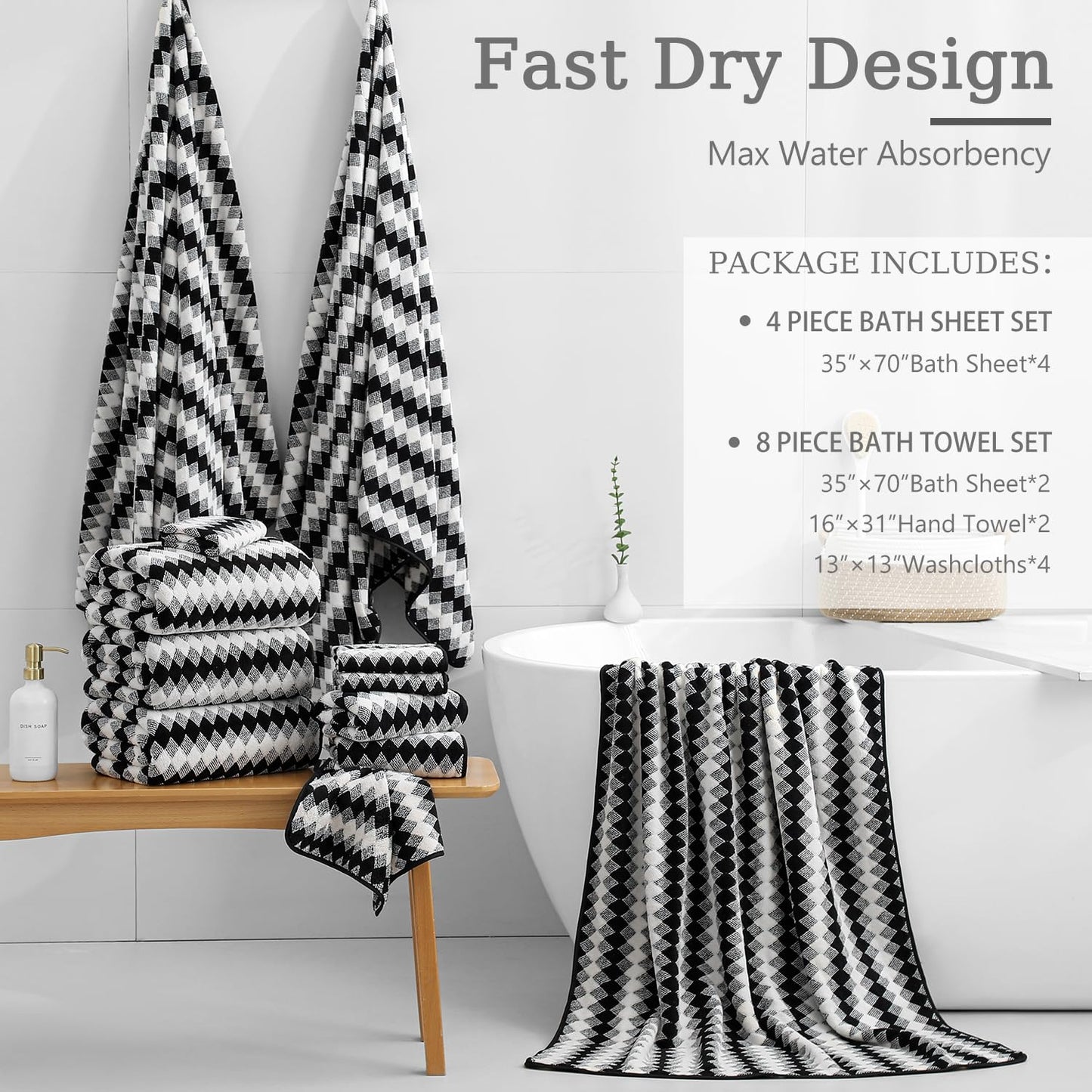8 Piece Bathroom Towel Set Black White|2 Oversized Large Bath Towels Sheet,2 Hand Towels,4 Washcloths| 600GSM Soft Towel Set for Bathroom