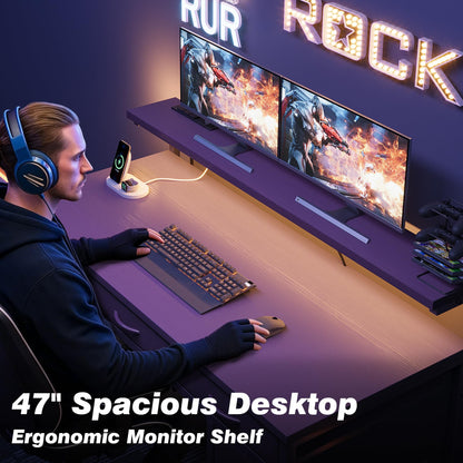 Flrrtenv Computer Desk with 9 Drawers & LED Light, 120 x 50 cm, Black
