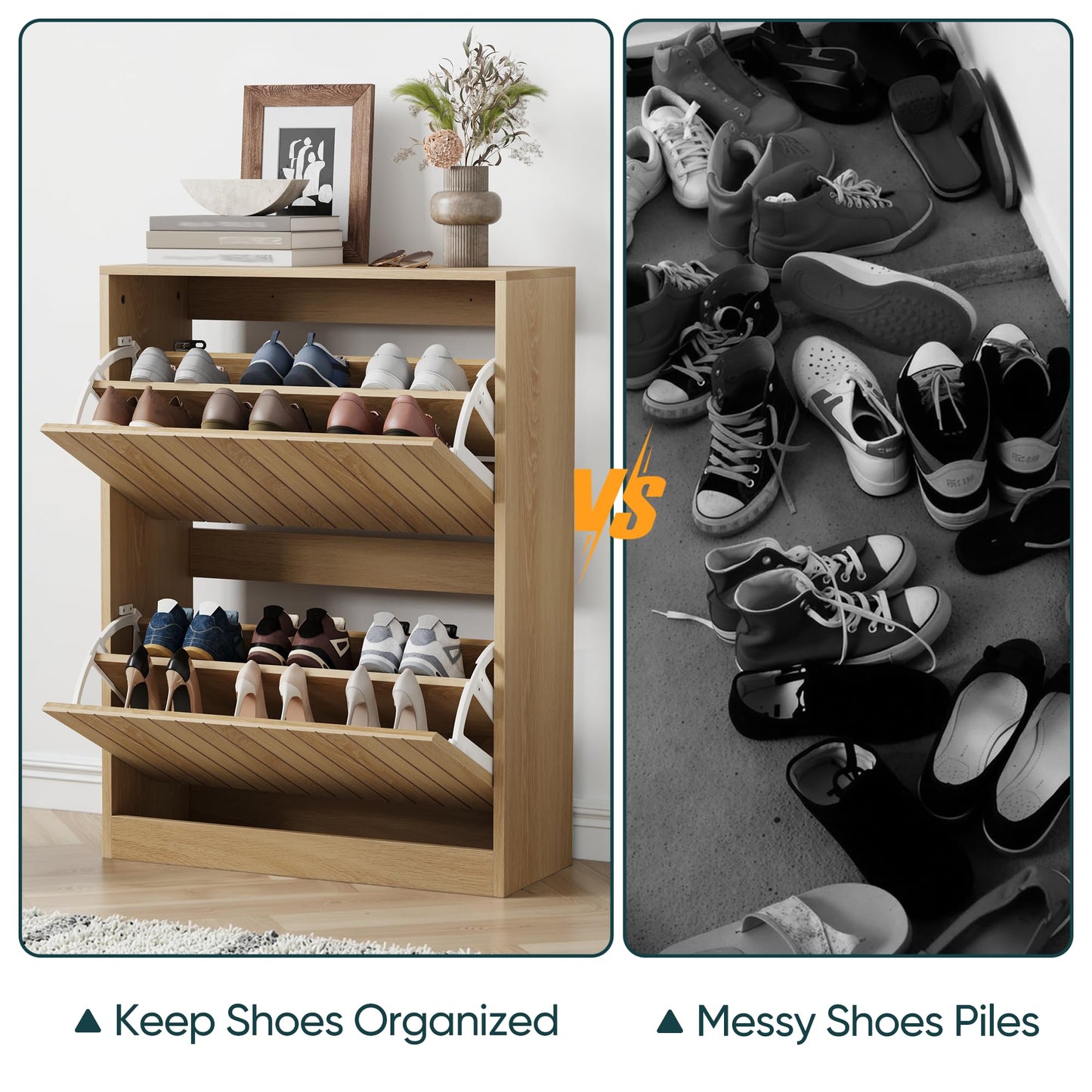 Semiocthome 2 Tier Drawer Shoe Cabinet, 80×60×24cm Wooden Shoe Storage Cabinet, Artistic Storage Cupboard for Hallway and Indoor Use