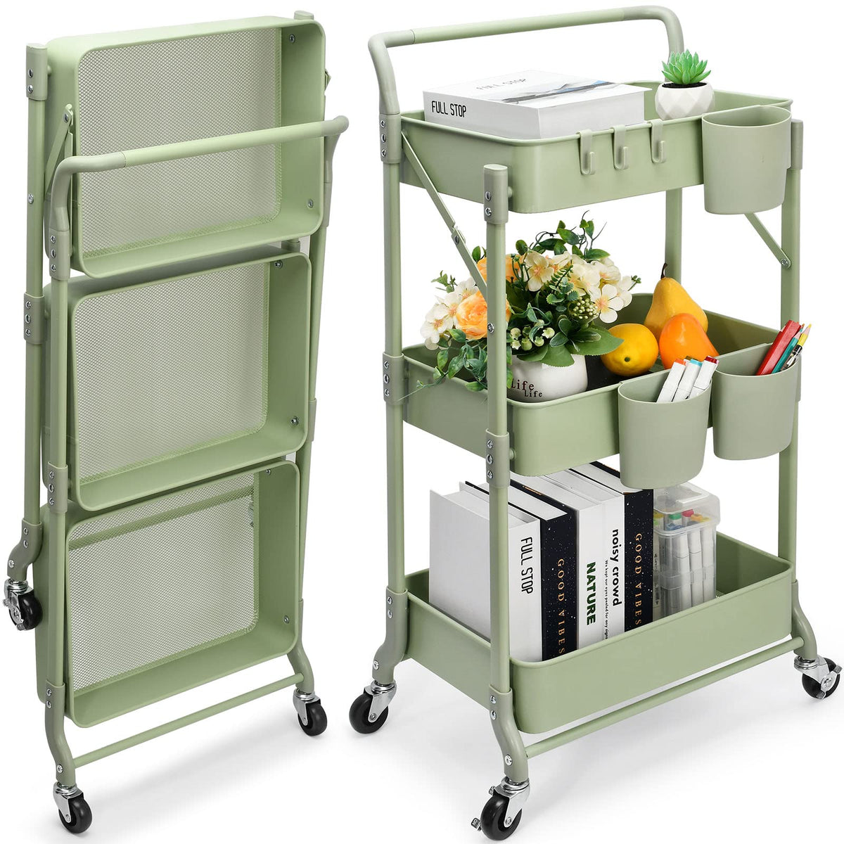 Shrivee 3-Tier Foldable Metal Shelf Organiser, Serving Trolley with Wheels for Kitchen, Bathroom, Office Green