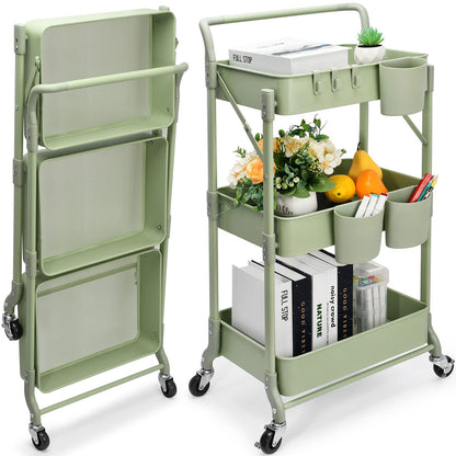 Shrivee 3-Tier Foldable Metal Shelf Organiser, Serving Trolley with Wheels for Kitchen, Bathroom, Office Green