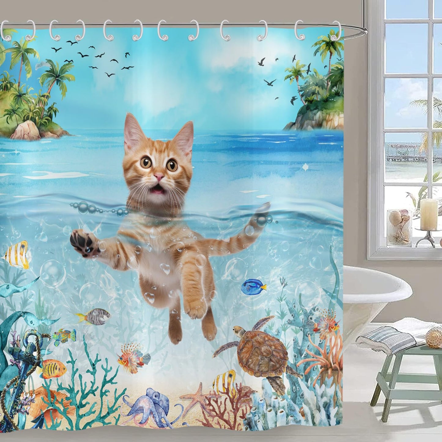 Hnmdmyi Funny Cat Shower Curtain 180x200, Cute Kitten Swimming in Blue Ocean Sea Turtle Tropical Fish Starfish Coral Kids Bathroom Shower Curtains