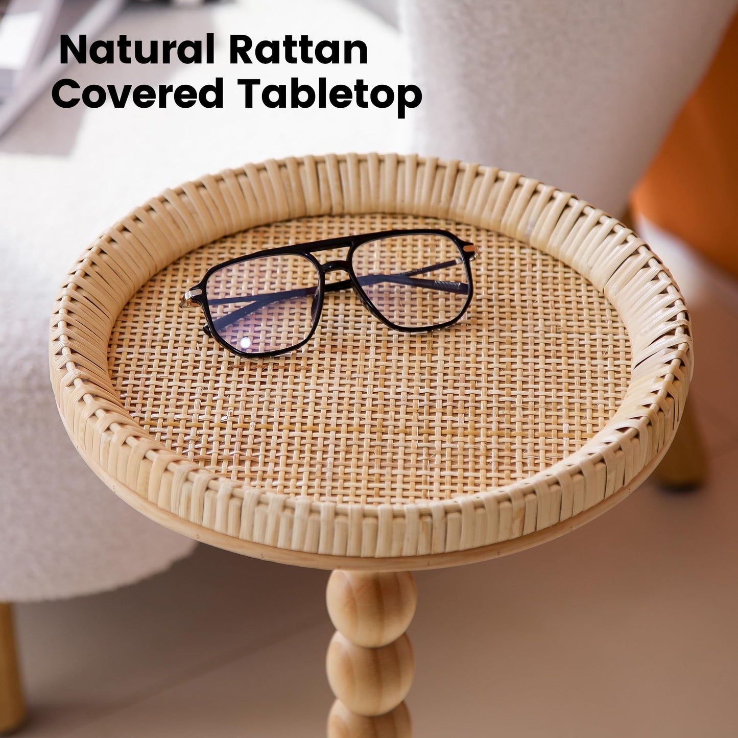 HuiDao Drink Table, Rattan Round Small Side Table for Small Spaces, Boho Circle Side Table Coffee Table with Solid Wood Leg for Living Room