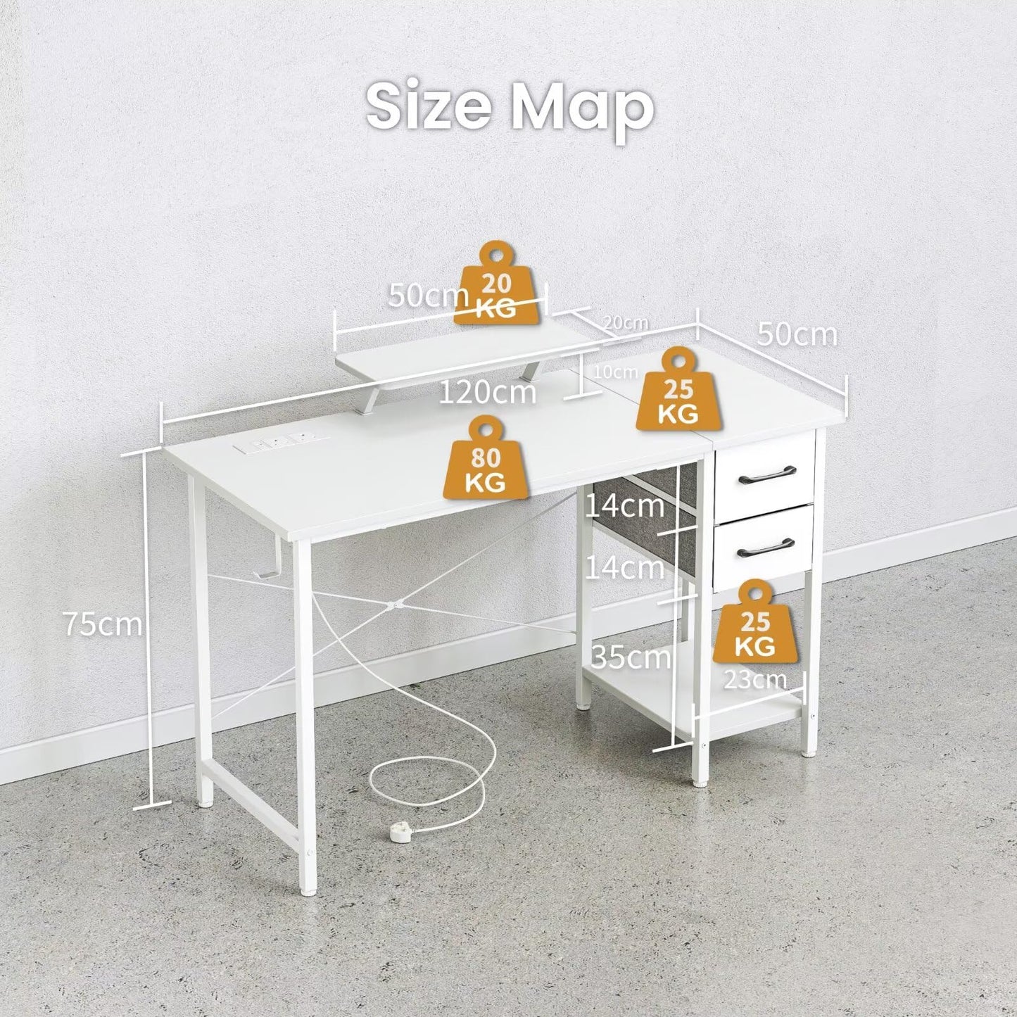 DOMSHOCT Computer Desk with Drawers & Power Outlets, 120*50cm Home Office Desk with Monitor Stand, Gaming Table with Reversible Storage Shelf & Hook