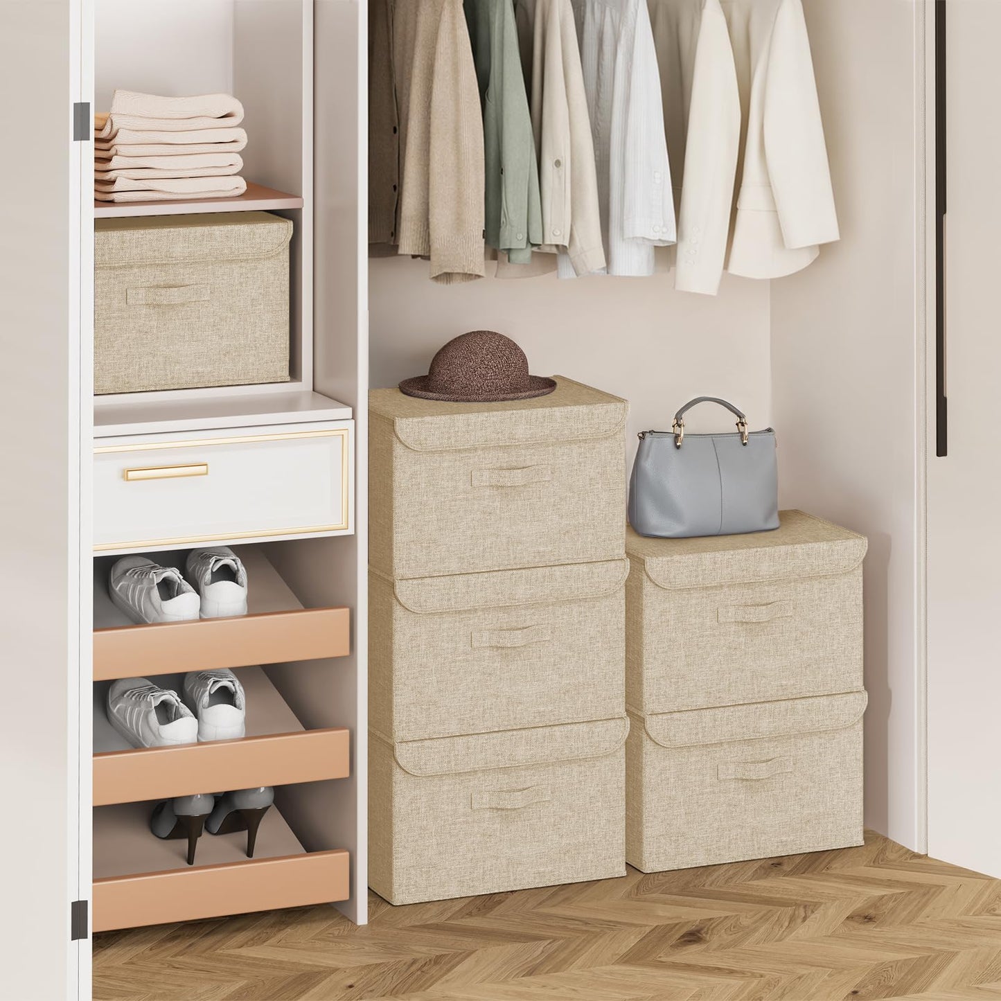 Homsorout Foldable Storage Boxes with Lids - Wardrobe Organiser Bin with Handle Fabric Basket Containers for Clothes, Book, Shelf, Office