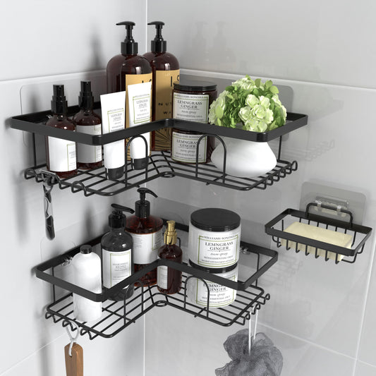 Malajess Corner Shower Caddy 3-Pack, Self Adhesive Wall Mounted Shower Shelf with Soap Holder and Hooks, Large Capacity, No Drilling, Rustproof Shower