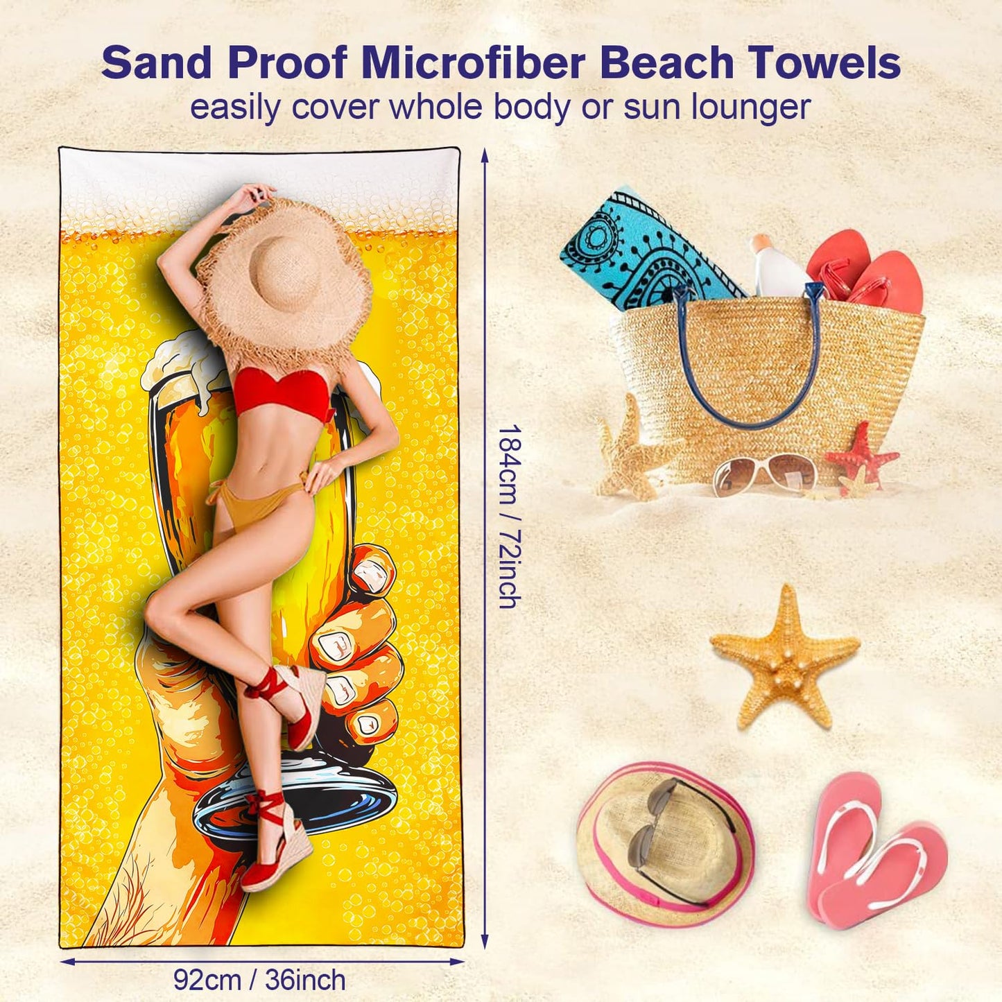 Violetpos Beer Cheers Beach Towel, Extra Large 180x90 cm 250GSM Microfibre, Sand Free Quick Dry